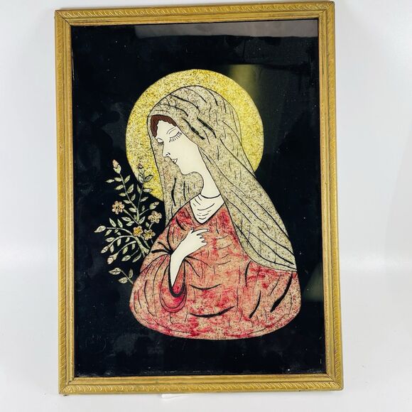 Virgin Mary Foil Backed Reverse Painted Silhouette Art Framed 14x10 Vintage - Picture 1 of 9